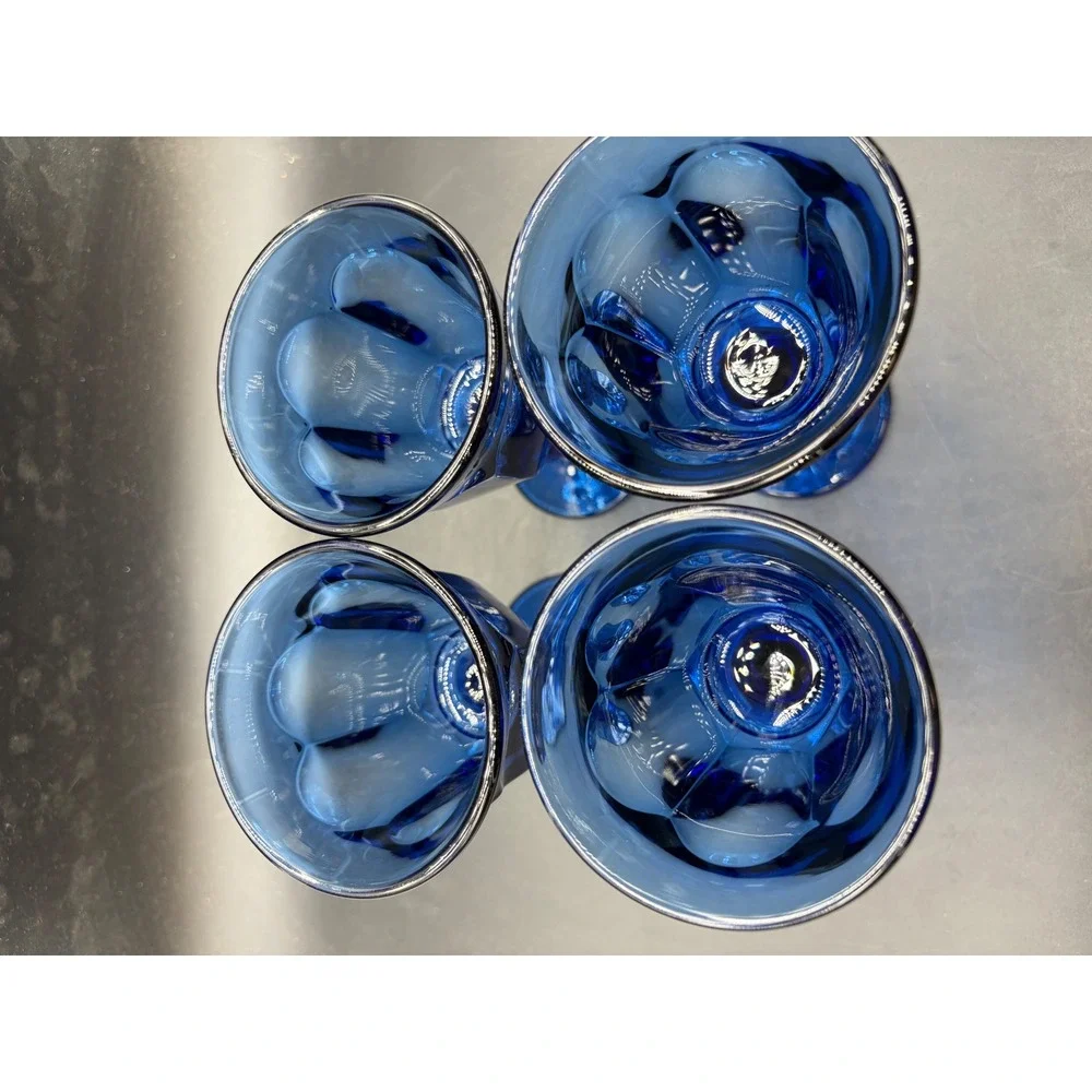 Vintage Cobalt Blue Glass Goblets Set of 4 Paneled Water Wine Glasses 5.5 inch